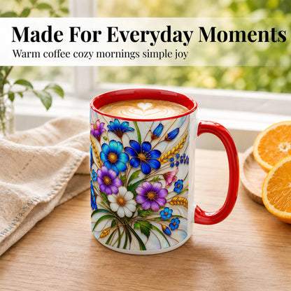 #pl[15oz|Red] Blue Wildflower Coffee Mug, Botanical Floral Mug, Ceramic Cup