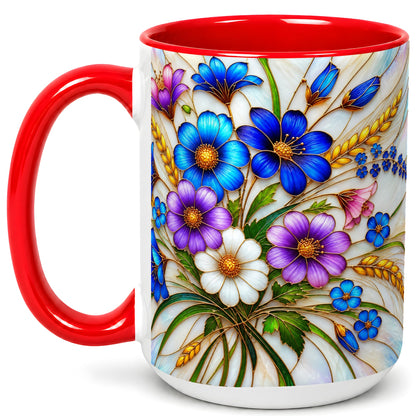#pl[15oz|Red] Blue Wildflower Coffee Mug, Botanical Floral Mug, Ceramic Cup