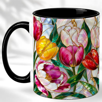 #pl[11oz|Black] Colorful Tulip Coffee Mug, Stained Glass Floral Mug, Ceramic Cup