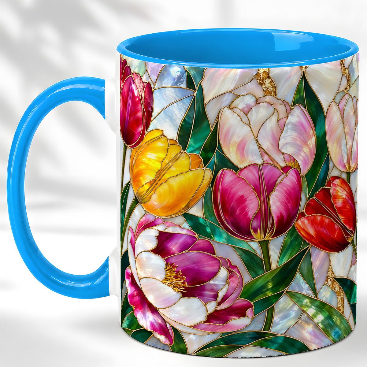 #pl[11oz|Blue] Colorful Tulip Coffee Mug, Stained Glass Floral Mug, Ceramic Cup