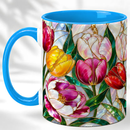 #pl[11oz|Blue] Colorful Tulip Coffee Mug, Stained Glass Floral Mug, Ceramic Cup