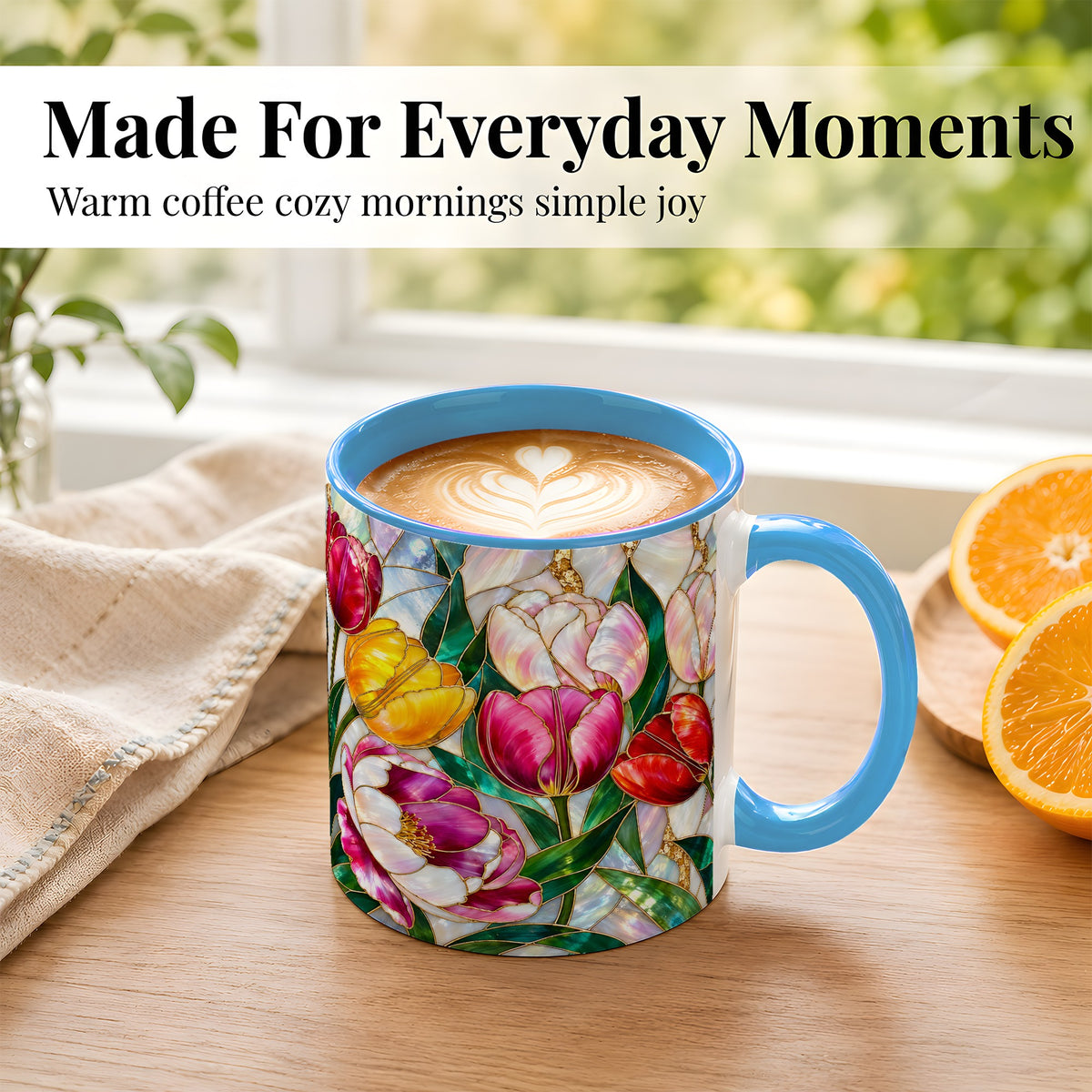 #pl[11oz|Blue] Colorful Tulip Coffee Mug, Stained Glass Floral Mug, Ceramic Cup