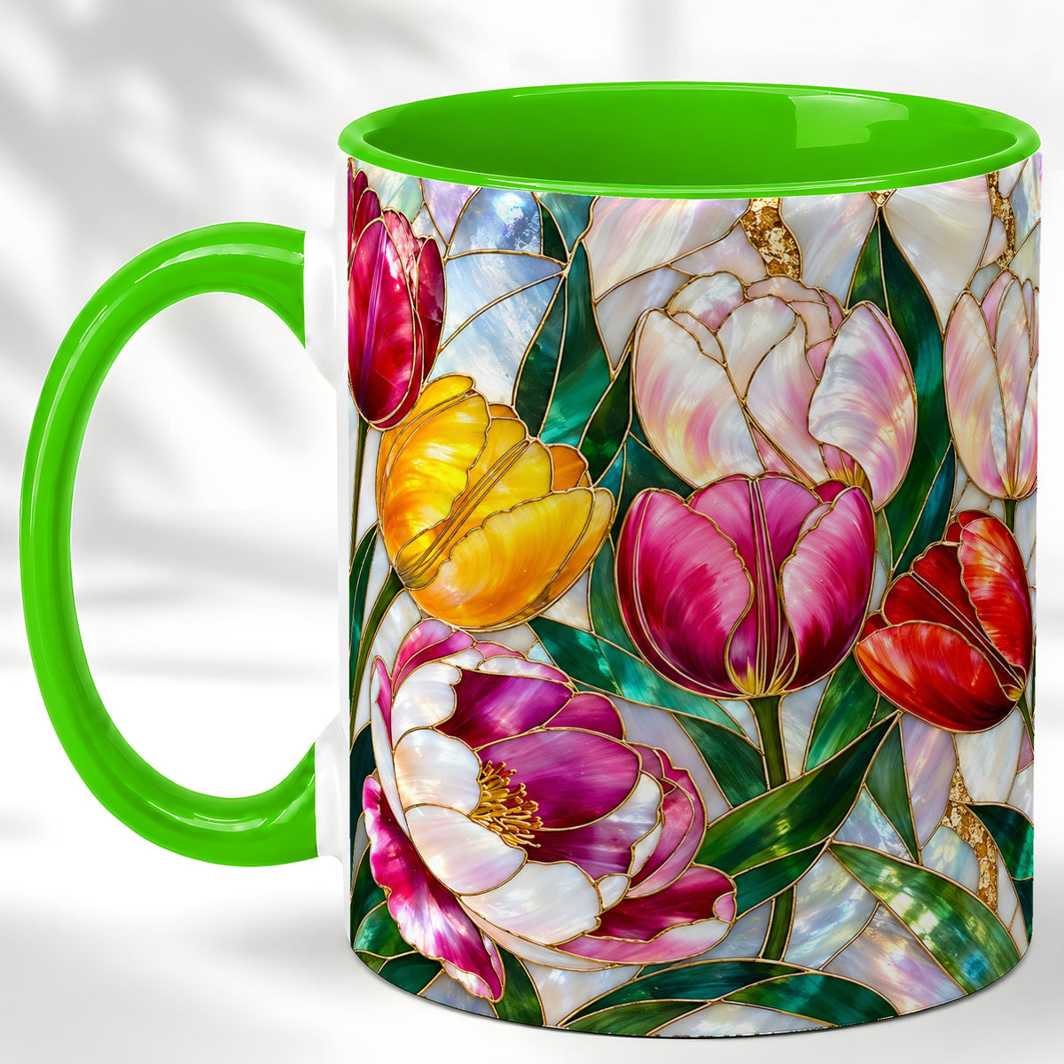 #pl[11oz|Green] Colorful Tulip Coffee Mug, Stained Glass Floral Mug, Ceramic Cup