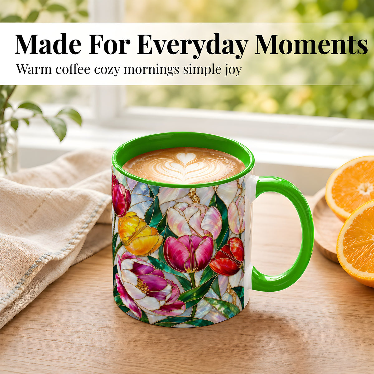 #pl[11oz|Green] Colorful Tulip Coffee Mug, Stained Glass Floral Mug, Ceramic Cup