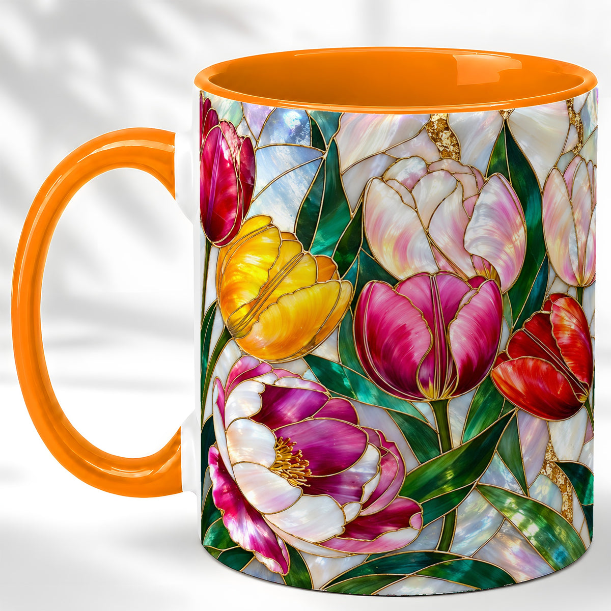 #pl[11oz|Orange] Colorful Tulip Coffee Mug, Stained Glass Floral Mug, Ceramic Cup