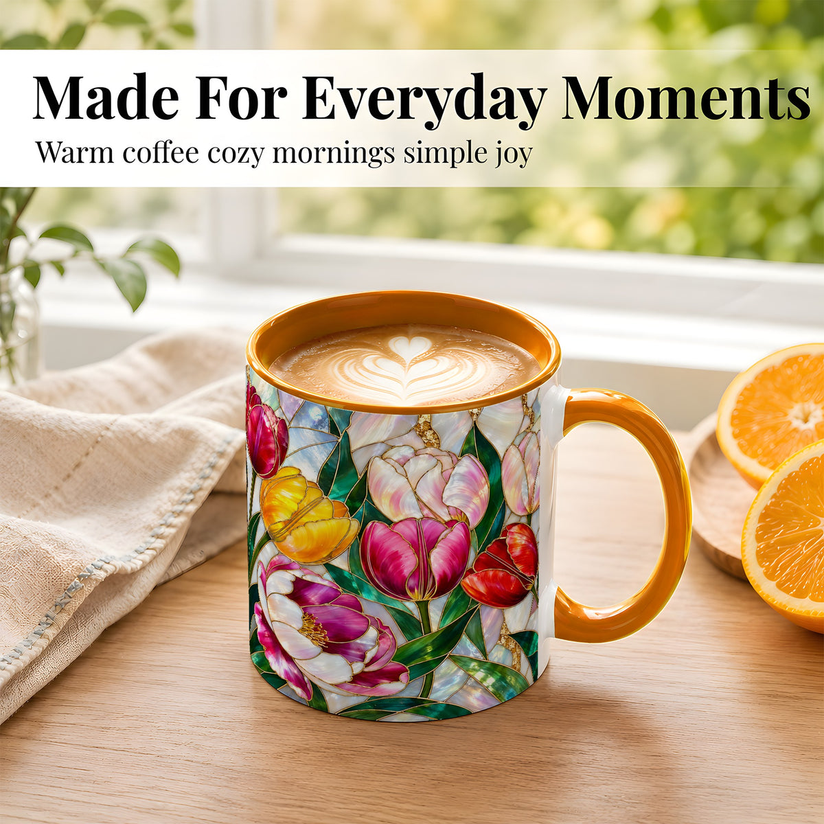 #pl[11oz|Orange] Colorful Tulip Coffee Mug, Stained Glass Floral Mug, Ceramic Cup