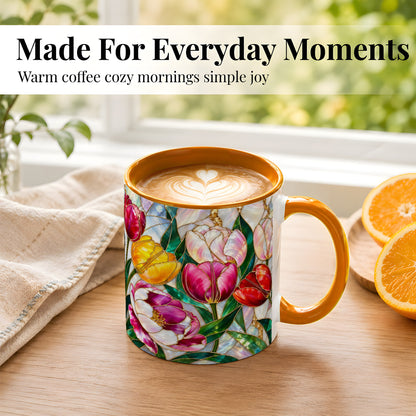 #pl[11oz|Orange] Colorful Tulip Coffee Mug, Stained Glass Floral Mug, Ceramic Cup