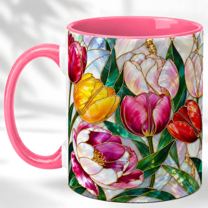 #pl[11oz|Pink] Colorful Tulip Coffee Mug, Stained Glass Floral Mug, Ceramic Cup
