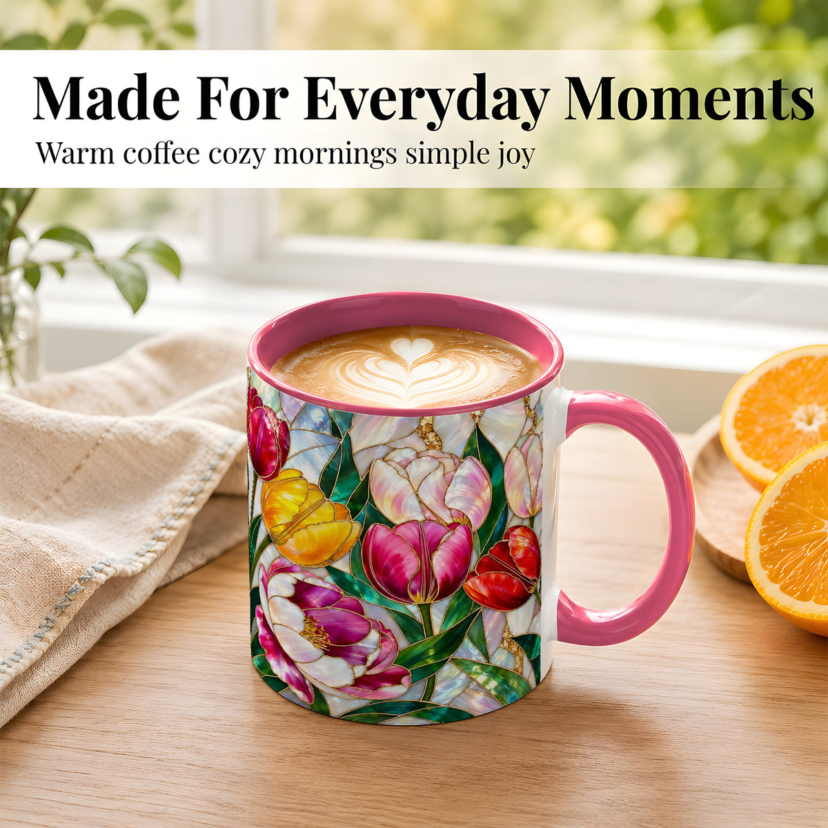 #pl[11oz|Pink] Colorful Tulip Coffee Mug, Stained Glass Floral Mug, Ceramic Cup