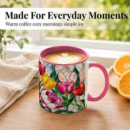 #pl[11oz|Pink] Colorful Tulip Coffee Mug, Stained Glass Floral Mug, Ceramic Cup