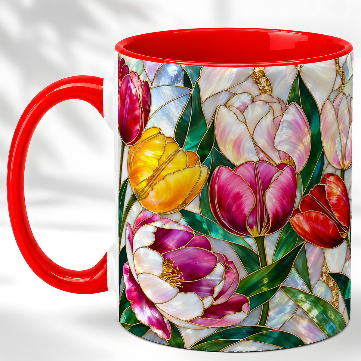 Colorful Tulip Coffee Mug, Stained Glass Floral Mug, Ceramic Cup