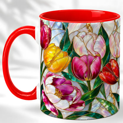 Colorful Tulip Coffee Mug, Stained Glass Floral Mug, Ceramic Cup