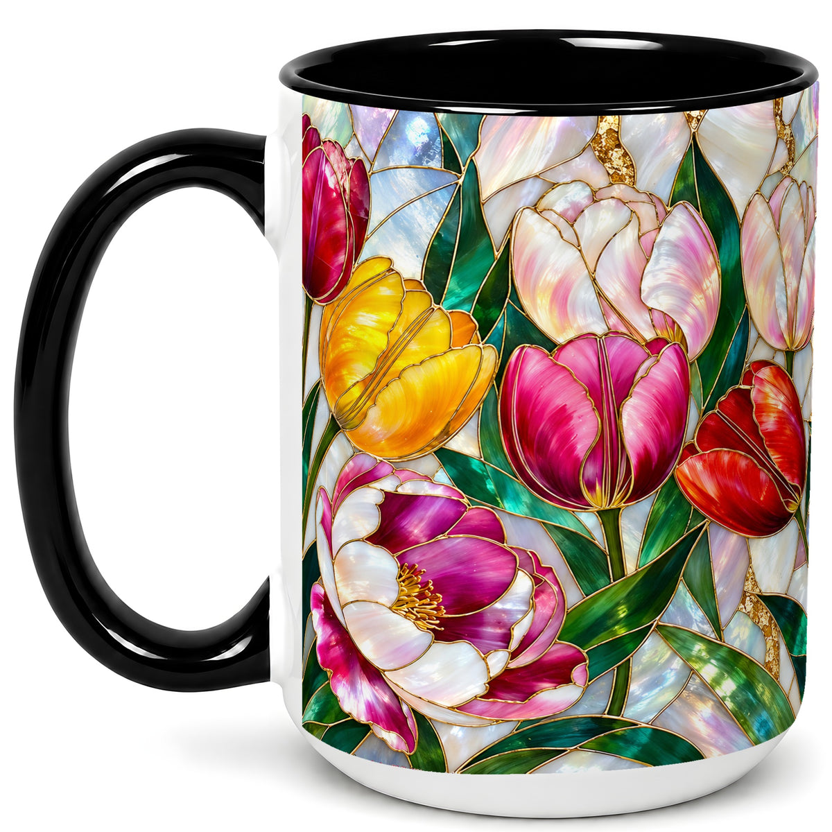 #pl[15oz|Black] Colorful Tulip Coffee Mug, Stained Glass Floral Mug, Ceramic Cup