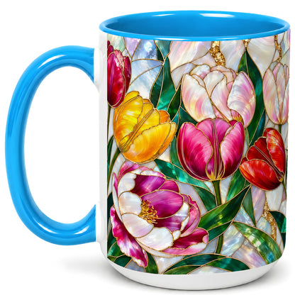 #pl[15oz|Blue] Colorful Tulip Coffee Mug, Stained Glass Floral Mug, Ceramic Cup