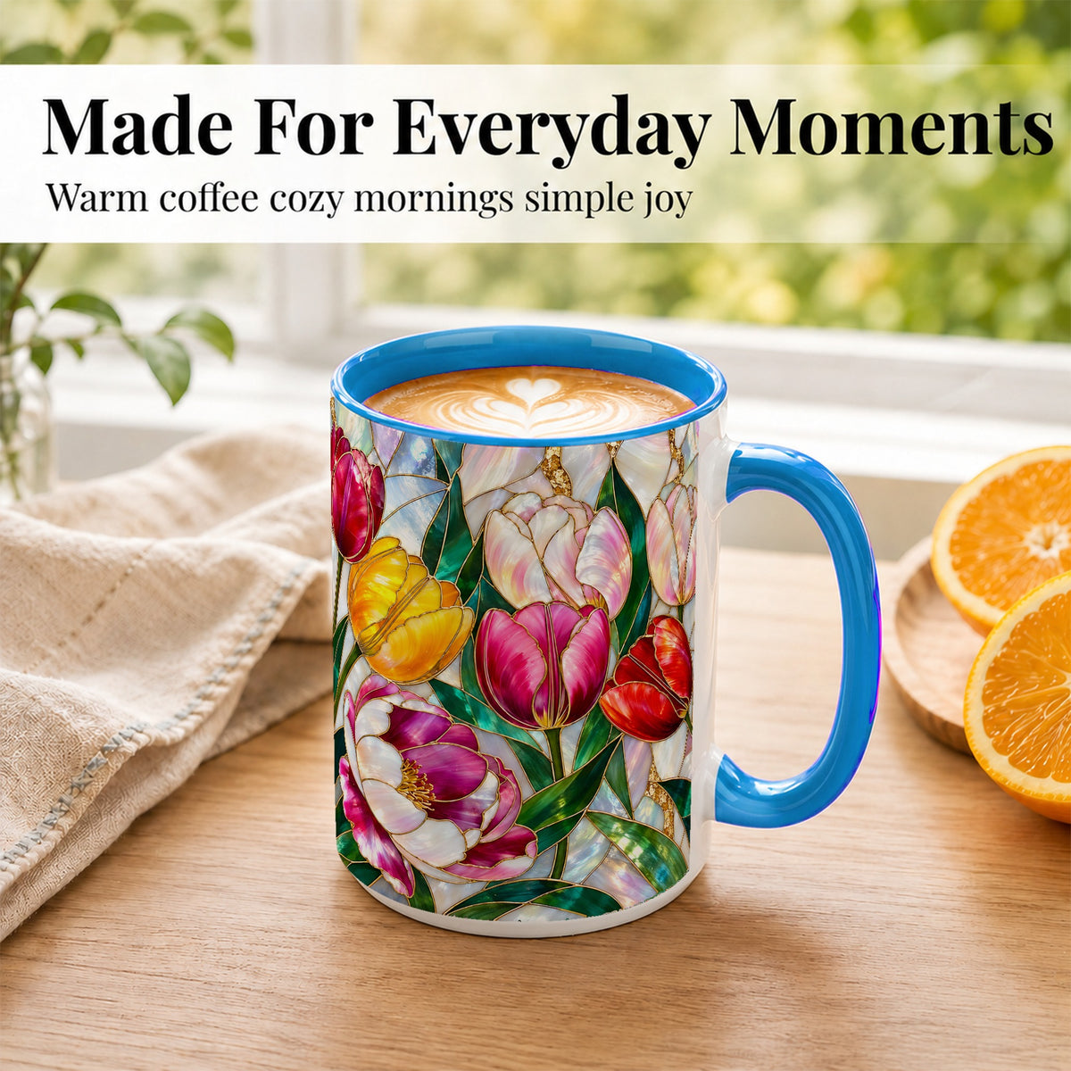 #pl[15oz|Blue] Colorful Tulip Coffee Mug, Stained Glass Floral Mug, Ceramic Cup