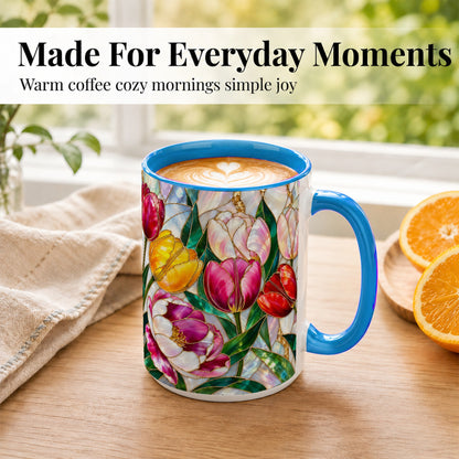 #pl[15oz|Blue] Colorful Tulip Coffee Mug, Stained Glass Floral Mug, Ceramic Cup