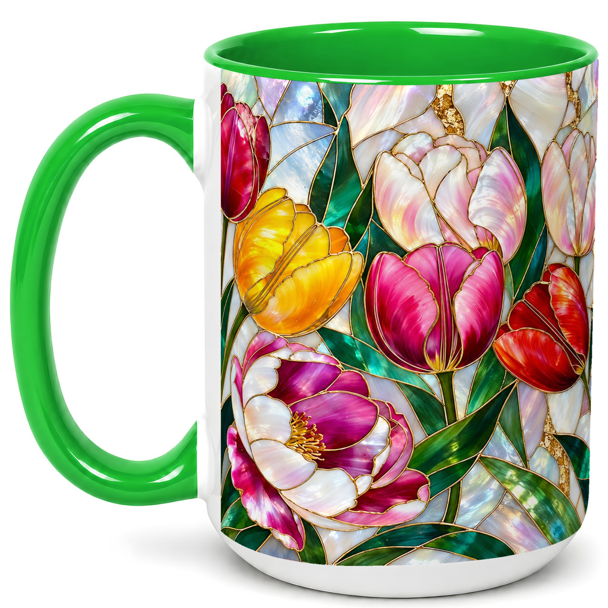 #pl[15oz|Green] Colorful Tulip Coffee Mug, Stained Glass Floral Mug, Ceramic Cup