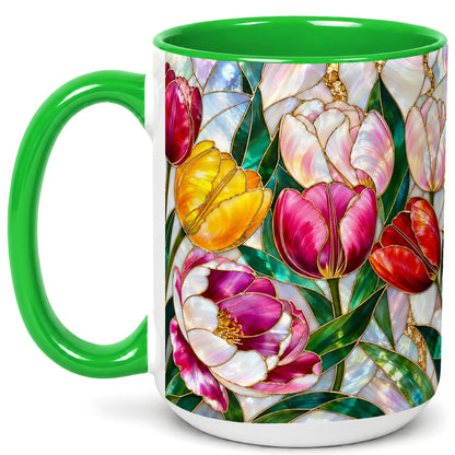 #pl[15oz|Green] Colorful Tulip Coffee Mug, Stained Glass Floral Mug, Ceramic Cup