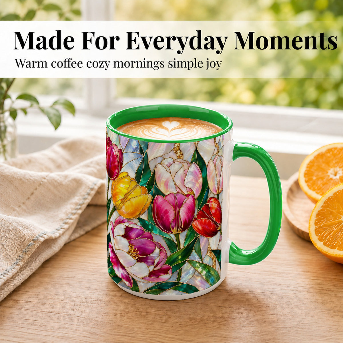#pl[15oz|Green] Colorful Tulip Coffee Mug, Stained Glass Floral Mug, Ceramic Cup