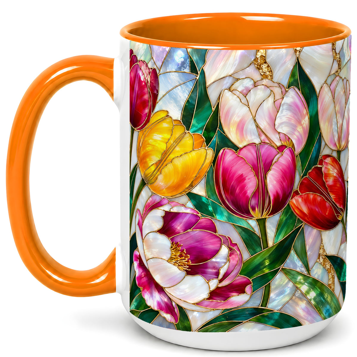 #pl[15oz|Orange] Colorful Tulip Coffee Mug, Stained Glass Floral Mug, Ceramic Cup