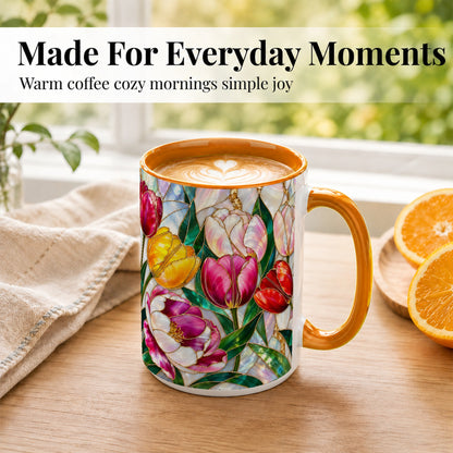 #pl[15oz|Orange] Colorful Tulip Coffee Mug, Stained Glass Floral Mug, Ceramic Cup