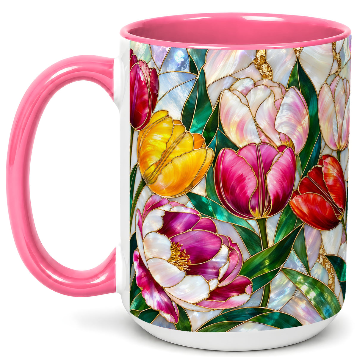 #pl[15oz|Pink] Colorful Tulip Coffee Mug, Stained Glass Floral Mug, Ceramic Cup