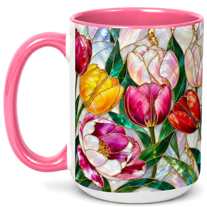 #pl[15oz|Pink] Colorful Tulip Coffee Mug, Stained Glass Floral Mug, Ceramic Cup