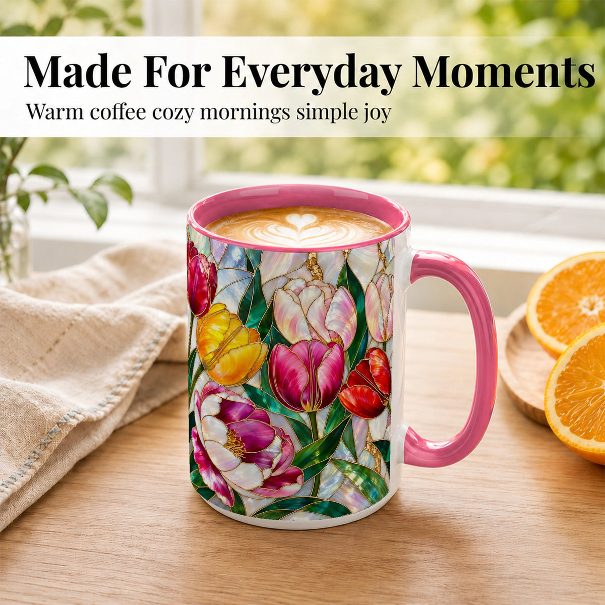 #pl[15oz|Pink] Colorful Tulip Coffee Mug, Stained Glass Floral Mug, Ceramic Cup