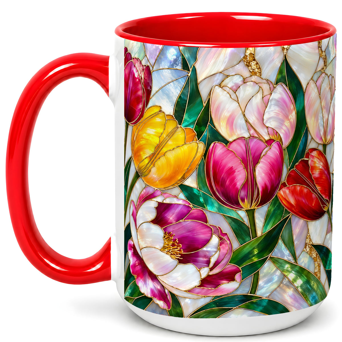 #pl[15oz|Red] Colorful Tulip Coffee Mug, Stained Glass Floral Mug, Ceramic Cup