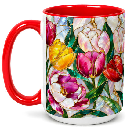 #pl[15oz|Red] Colorful Tulip Coffee Mug, Stained Glass Floral Mug, Ceramic Cup