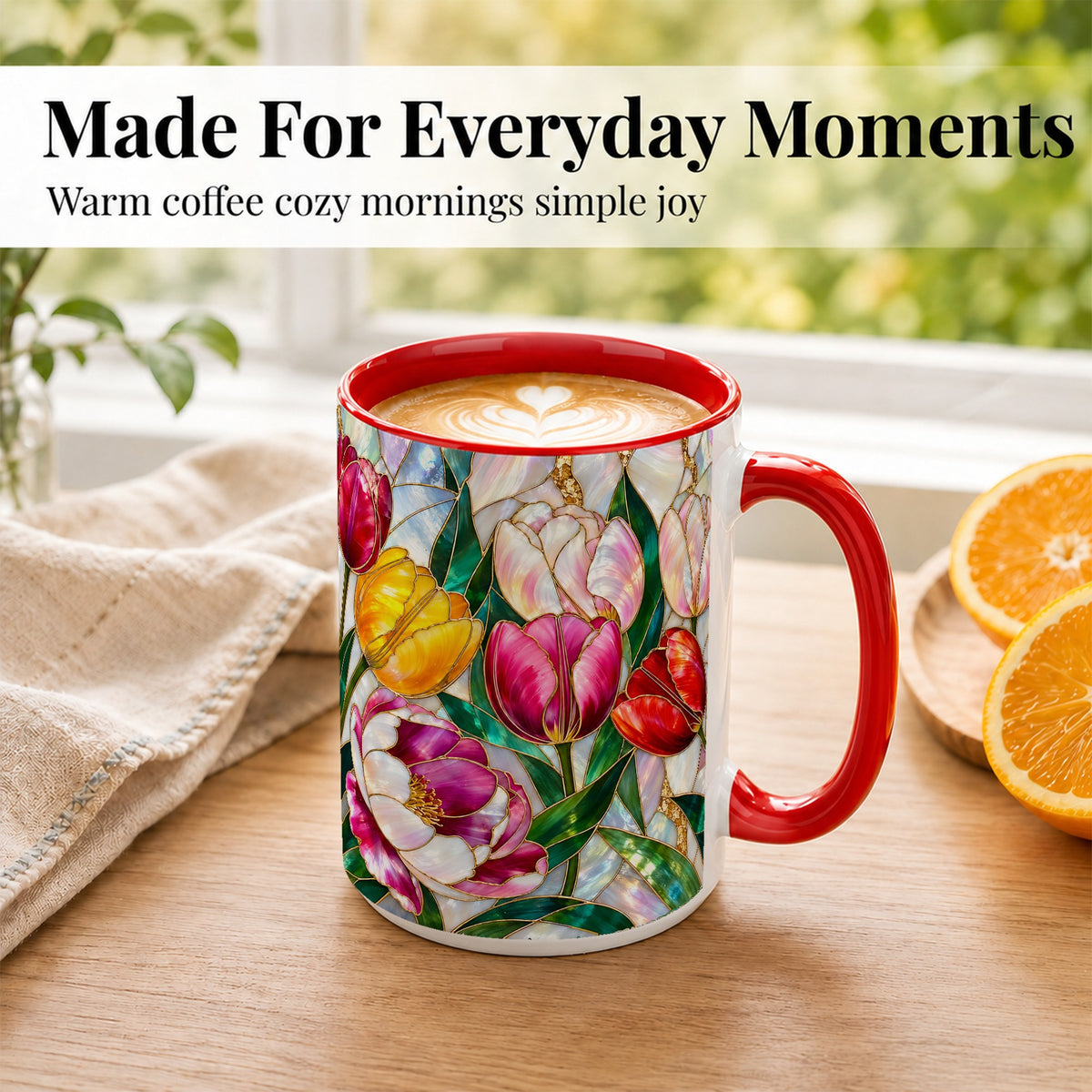 #pl[15oz|Red] Colorful Tulip Coffee Mug, Stained Glass Floral Mug, Ceramic Cup