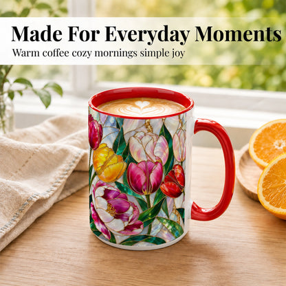 #pl[15oz|Red] Colorful Tulip Coffee Mug, Stained Glass Floral Mug, Ceramic Cup