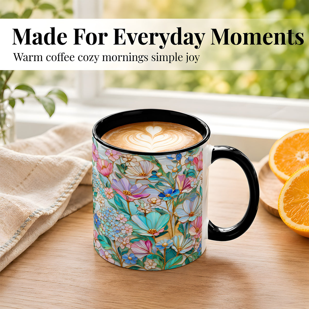#pl[11oz|Black] Pastel Wildflower Coffee Mug, Floral Garden Mug, Ceramic Cup