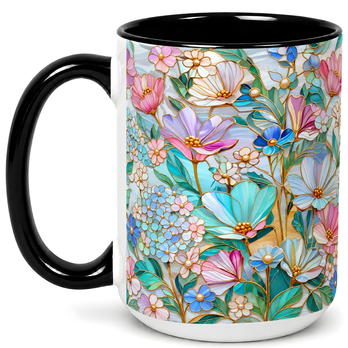 #pl[15oz|Black] Pastel Wildflower Coffee Mug, Floral Garden Mug, Ceramic Cup