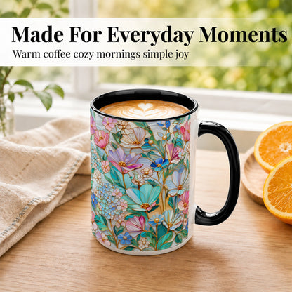 #pl[15oz|Black] Pastel Wildflower Coffee Mug, Floral Garden Mug, Ceramic Cup