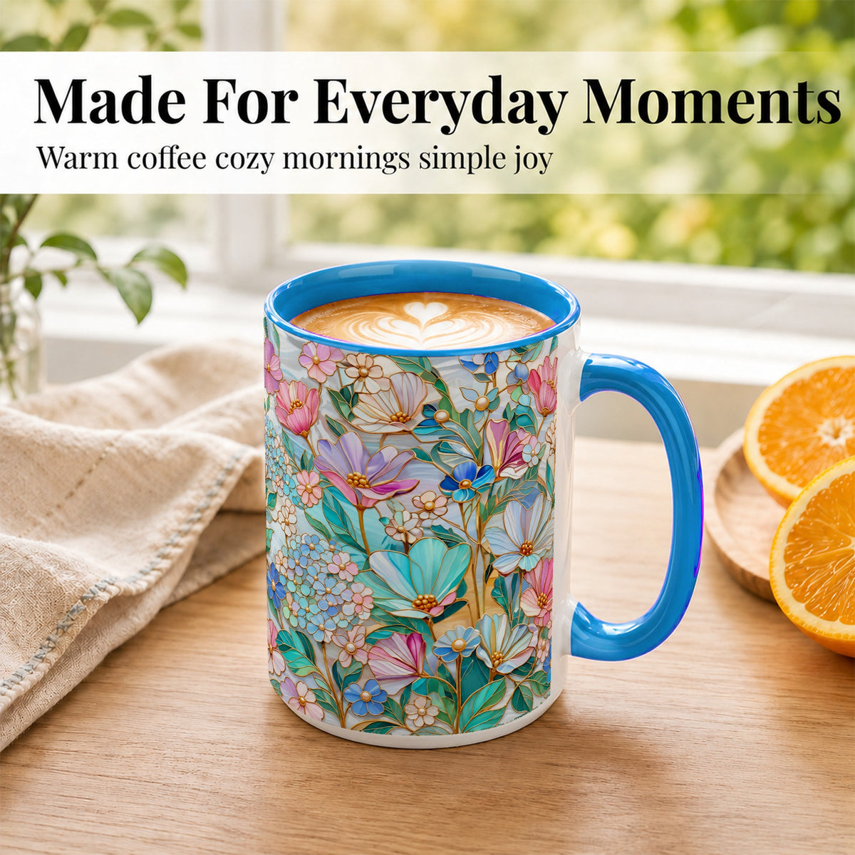 #pl[15oz|Blue] Pastel Wildflower Coffee Mug, Floral Garden Mug, Ceramic Cup