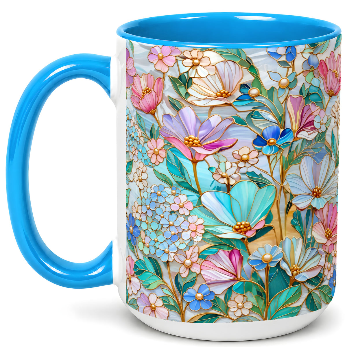 #pl[15oz|Blue] Pastel Wildflower Coffee Mug, Floral Garden Mug, Ceramic Cup