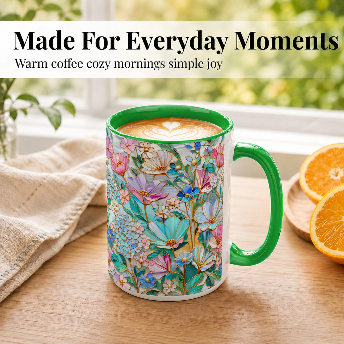 #pl[15oz|Green] Pastel Wildflower Coffee Mug, Floral Garden Mug, Ceramic Cup