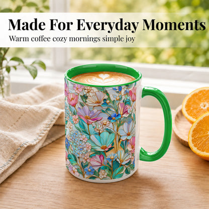 #pl[15oz|Green] Pastel Wildflower Coffee Mug, Floral Garden Mug, Ceramic Cup