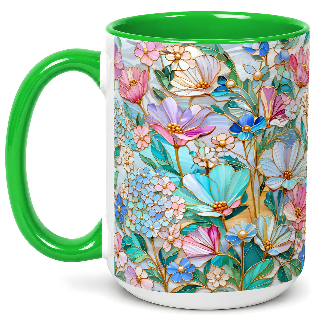 #pl[15oz|Green] Pastel Wildflower Coffee Mug, Floral Garden Mug, Ceramic Cup