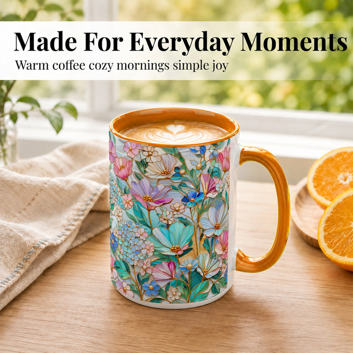 #pl[15oz|Orange] Pastel Wildflower Coffee Mug, Floral Garden Mug, Ceramic Cup