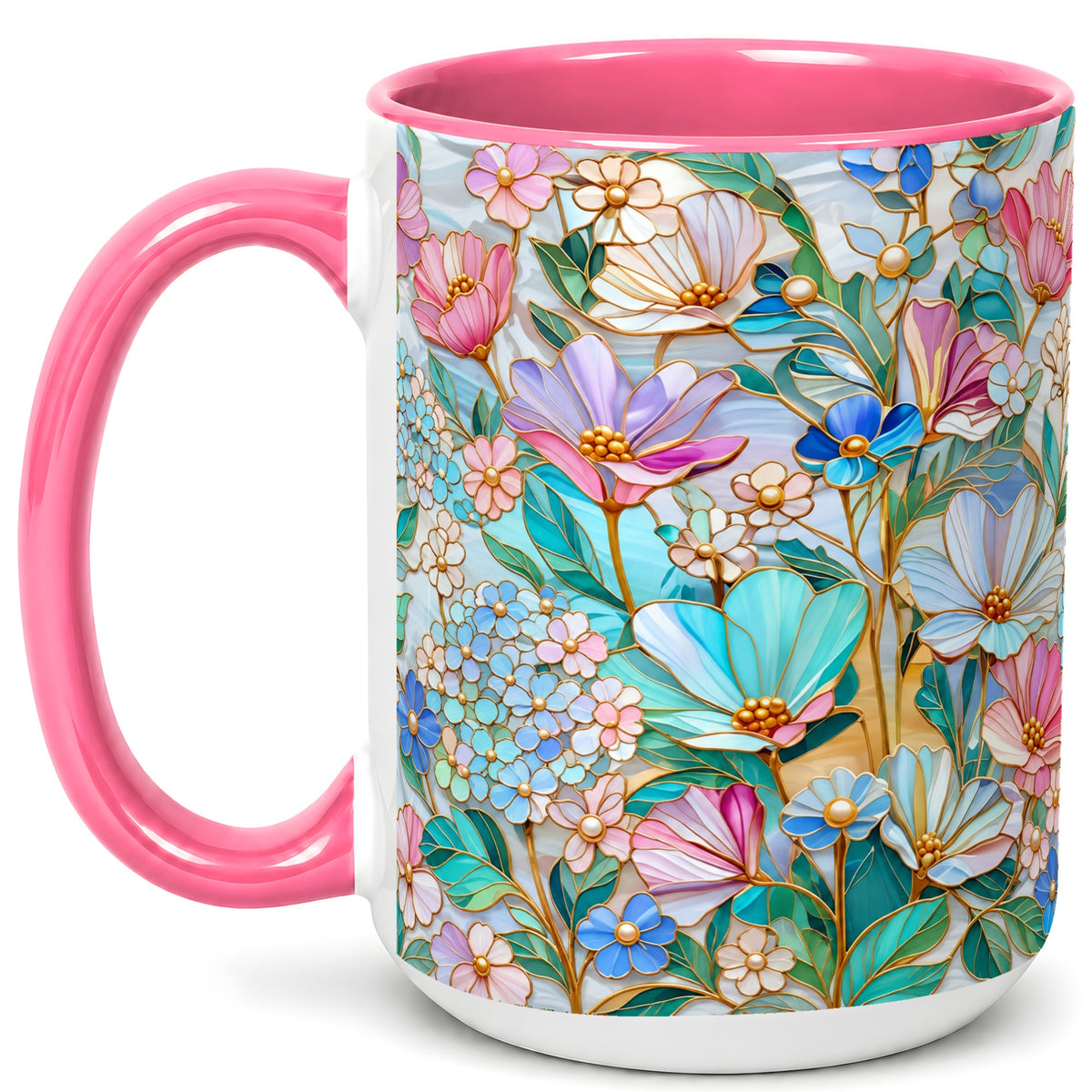 #pl[15oz|Pink] Pastel Wildflower Coffee Mug, Floral Garden Mug, Ceramic Cup