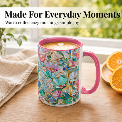 #pl[15oz|Pink] Pastel Wildflower Coffee Mug, Floral Garden Mug, Ceramic Cup