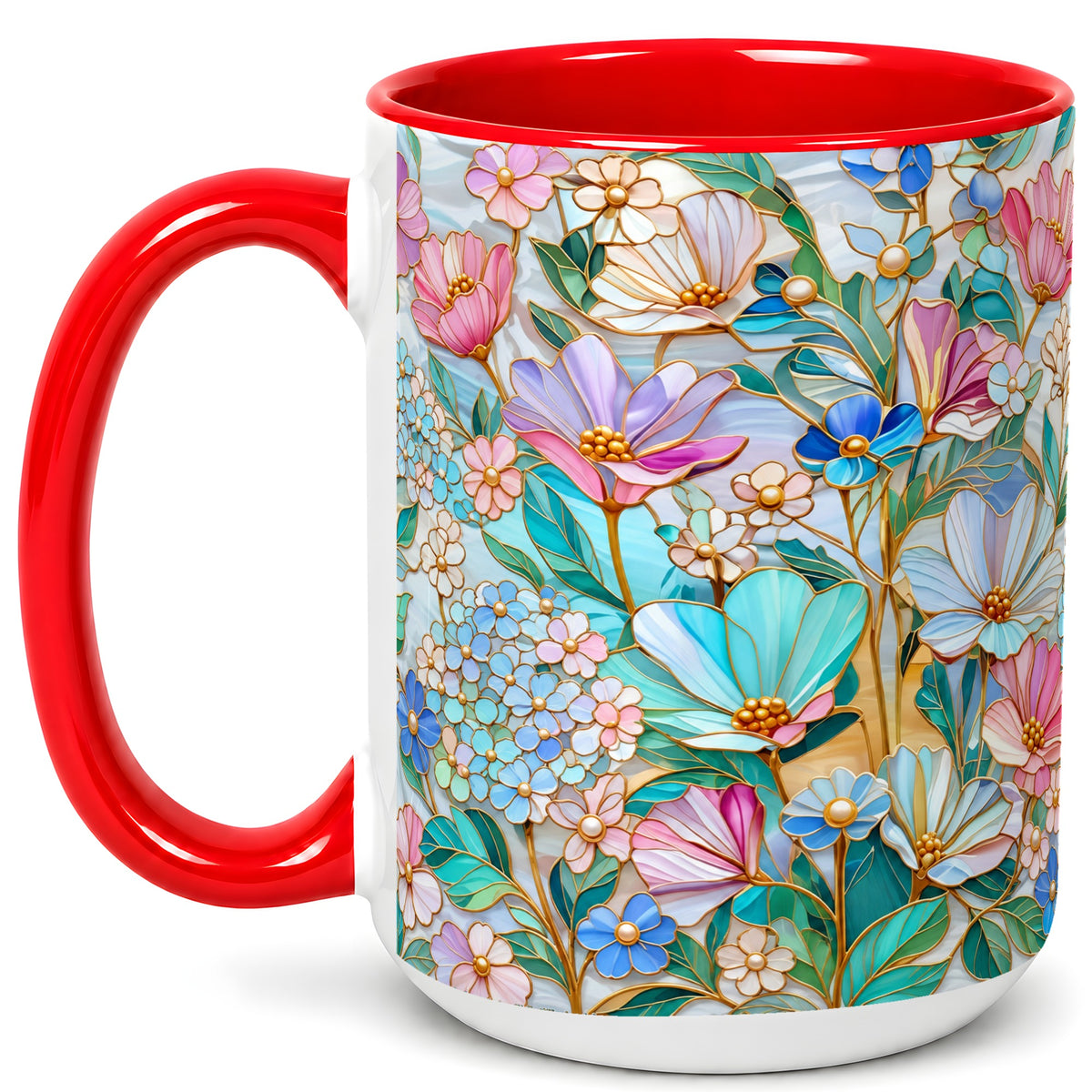 #pl[15oz|Red] Pastel Wildflower Coffee Mug, Floral Garden Mug, Ceramic Cup