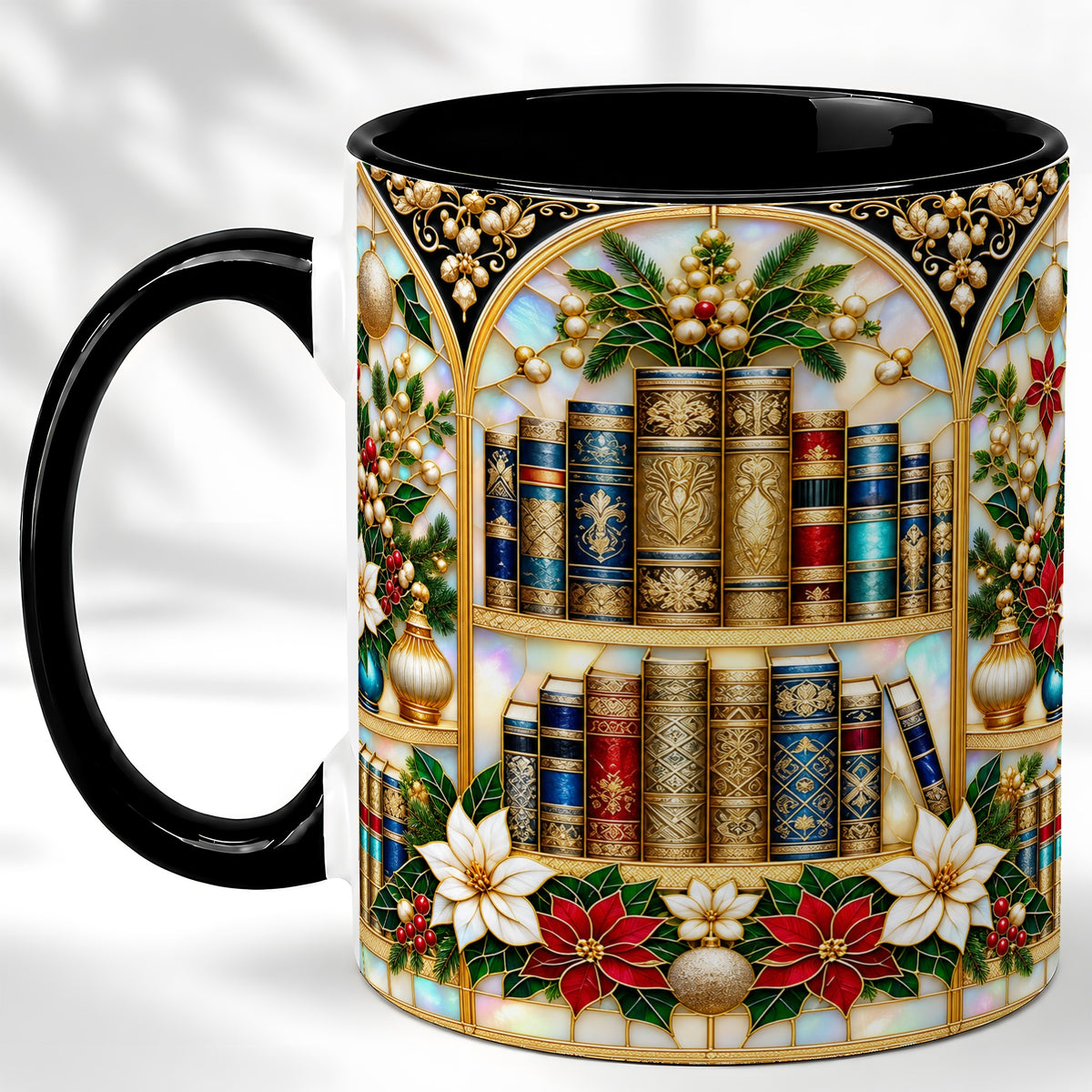 #pl[11oz|Black] Christmas Library Coffee Mug, Holiday Books Mug, Ceramic Cup