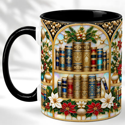 #pl[11oz|Black] Christmas Library Coffee Mug, Holiday Books Mug, Ceramic Cup
