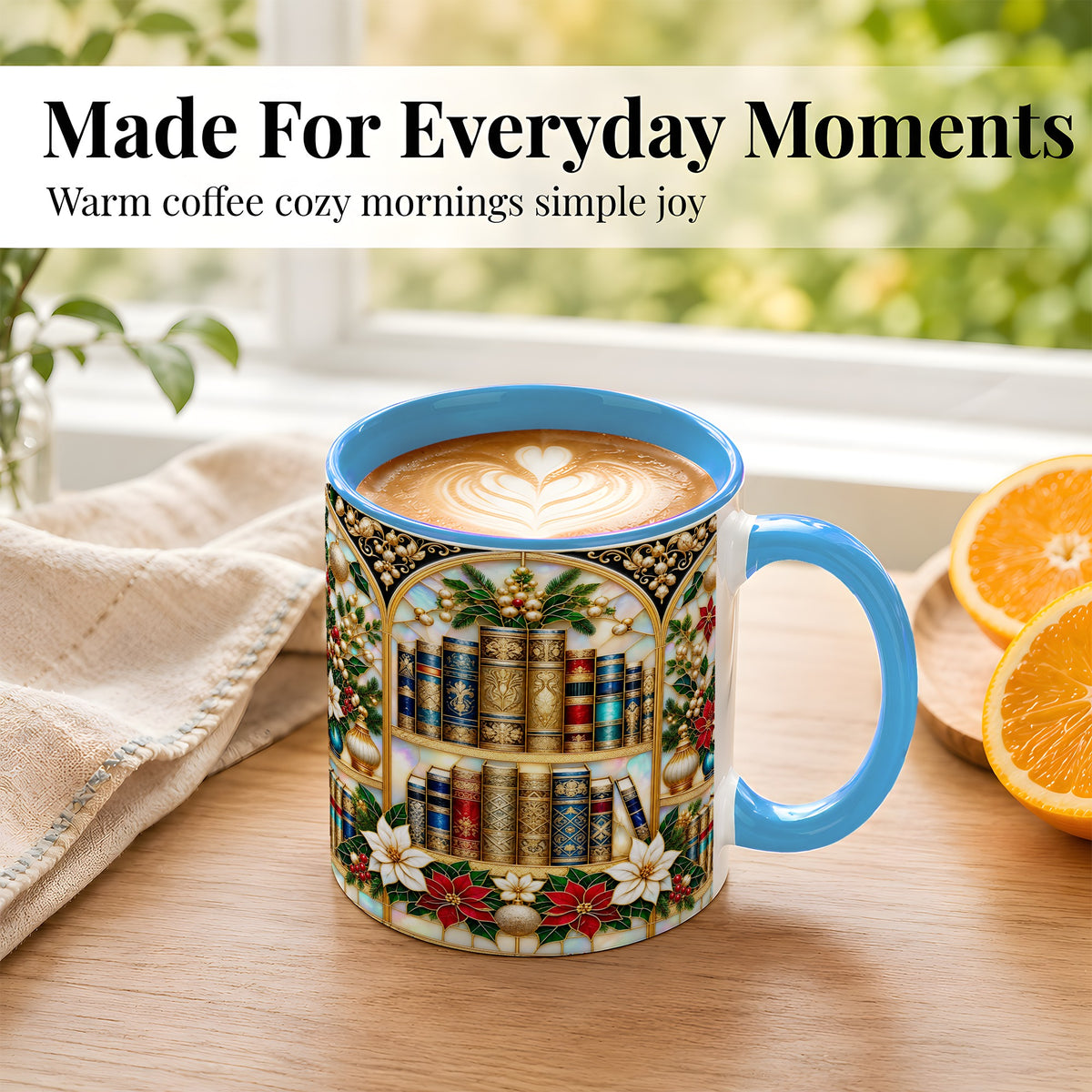 #pl[11oz|Blue] Christmas Library Coffee Mug, Holiday Books Mug, Ceramic Cup