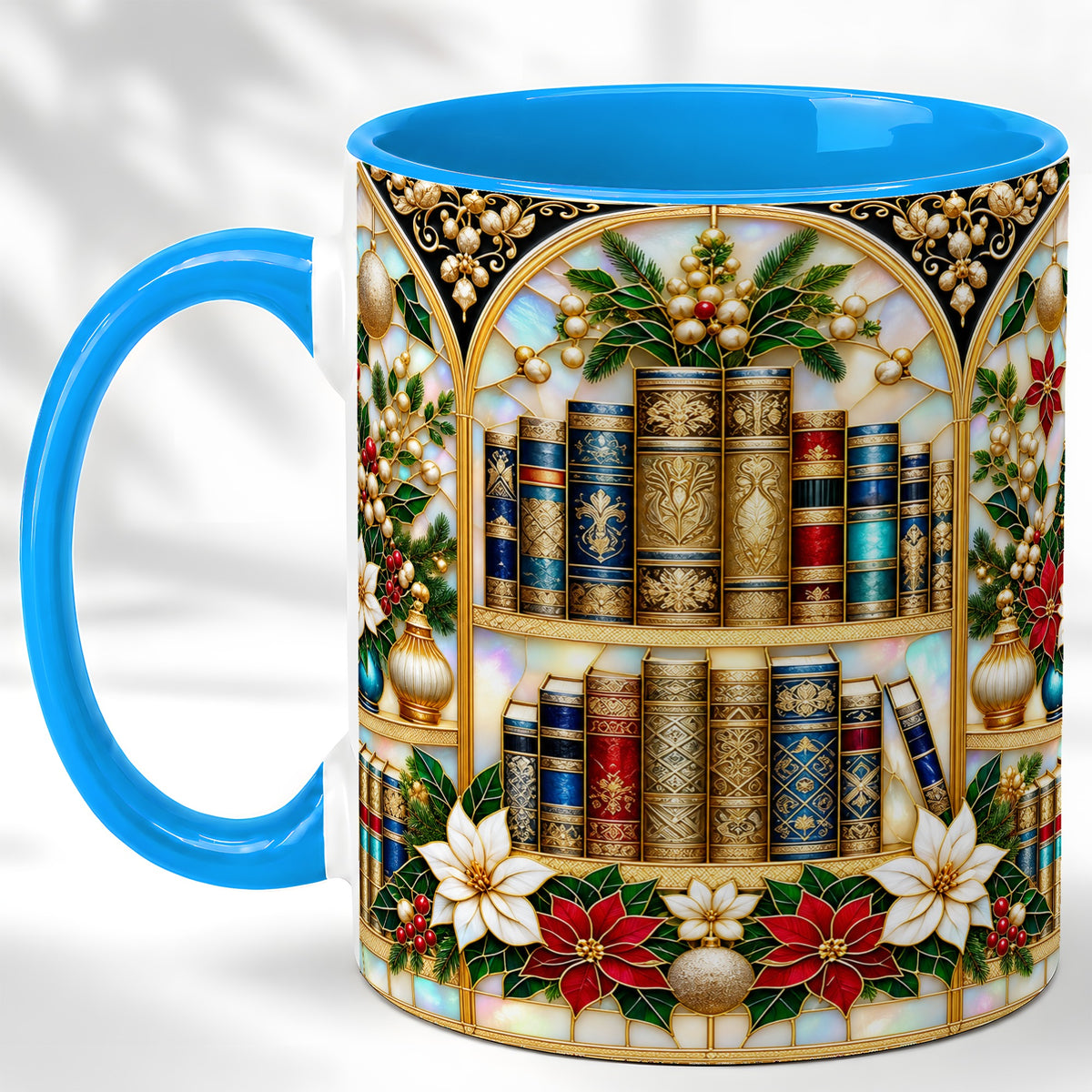 #pl[11oz|Blue] Christmas Library Coffee Mug, Holiday Books Mug, Ceramic Cup