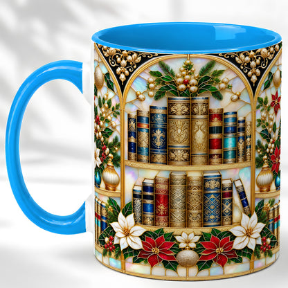 #pl[11oz|Blue] Christmas Library Coffee Mug, Holiday Books Mug, Ceramic Cup