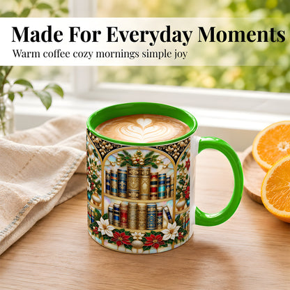 #pl[11oz|Green] Christmas Library Coffee Mug, Holiday Books Mug, Ceramic Cup